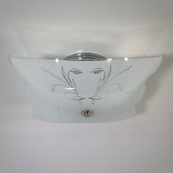 Post-War Era Ceiling Light. Vintage Shade. Custom Fixture. The fixture features a custom-built assembly in a nickel finish. The light has been cleaned and detailed, and the installation includes hardware for convenience. Available at www.vintporium.com