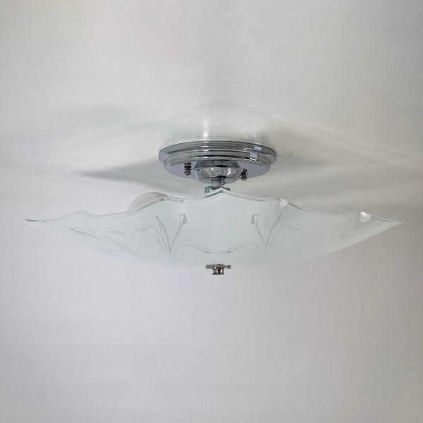 Post-War Era Ceiling Light. Vintage Shade. Custom Fixture. The fixture features a custom-built assembly in a nickel finish. The light has been cleaned and detailed, and the installation includes hardware for convenience. Available at www.vintporium.com