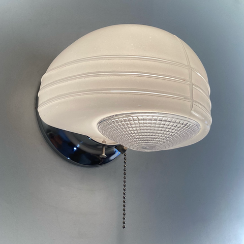 Flush Mount Ceiling Light. Vintage Glass Shade New Pan Fixture. Restored streamlined modern wall light with chrome mounting plate