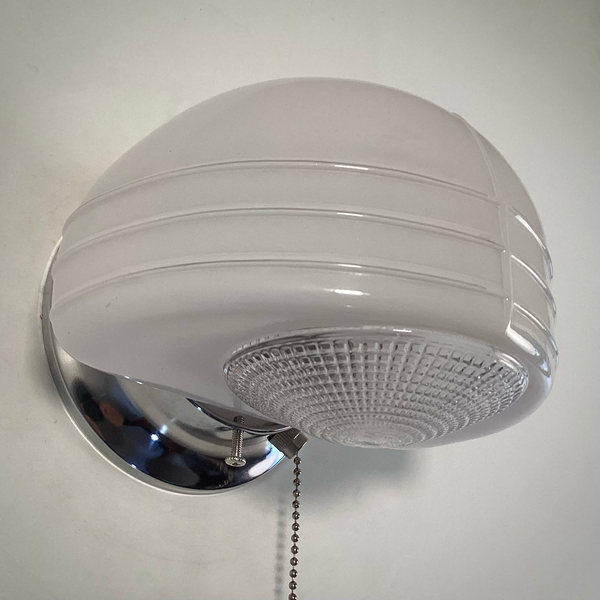 Flush Mount Ceiling Light. Vintage Glass Shade New Pan Fixture. Restored streamlined modern wall light with chrome mounting plate