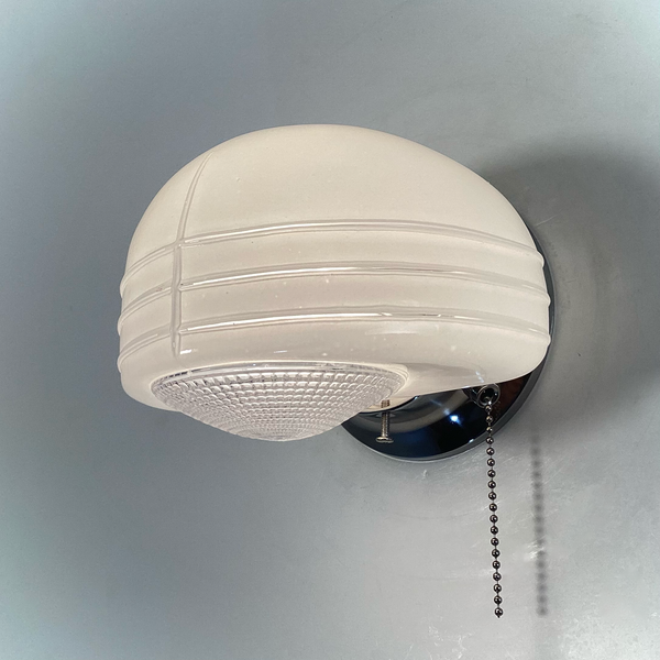 Flush Mount Ceiling Light. Vintage Glass Shade New Pan Fixture. Restored streamlined modern wall light with chrome mounting plate