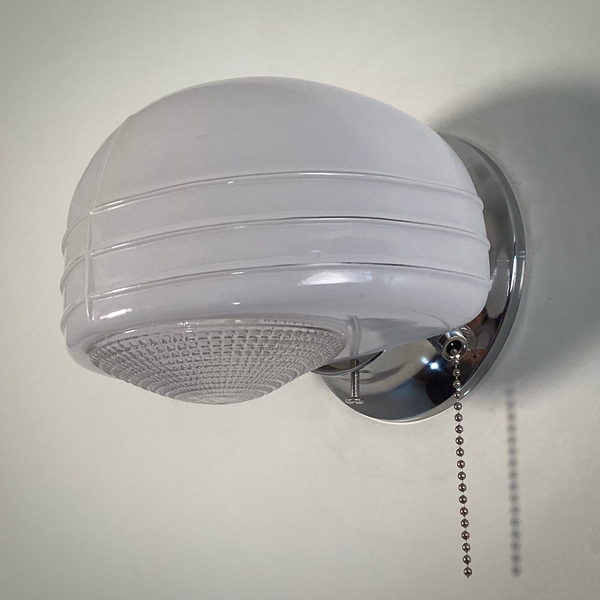Flush Mount Ceiling Light. Vintage Glass Shade New Pan Fixture. Restored streamlined modern wall light with chrome mounting plate
