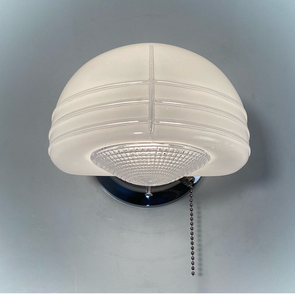 Flush Mount Ceiling Light. Vintage Glass Shade New Pan Fixture. Restored streamlined modern wall light with chrome mounting plate