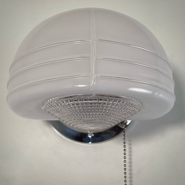 Flush Mount Ceiling Light. Vintage Glass Shade New Pan Fixture. Restored streamlined modern wall light with chrome mounting plate