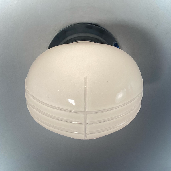 Flush Mount Ceiling Light. Vintage Glass Shade New Pan Fixture. Restored streamlined modern wall light with chrome mounting plate