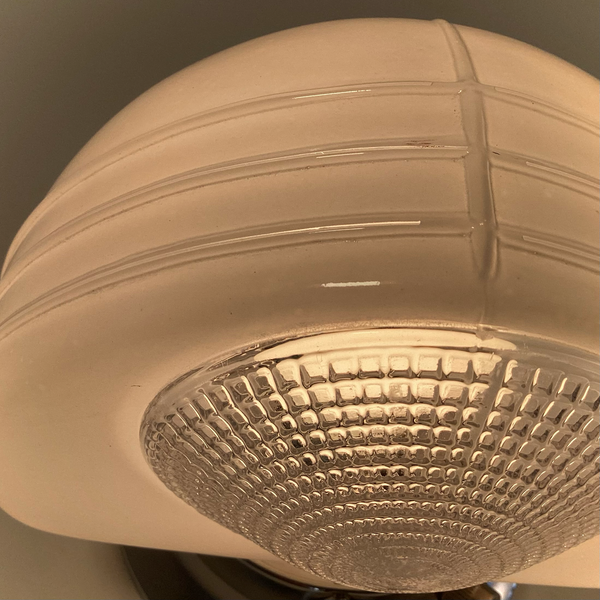 Flush Mount Ceiling Light. Vintage Glass Shade New Pan Fixture. Restored streamlined modern wall light with chrome mounting plate