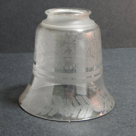 2 1/4 (2.25) Inch Vintage Etched Bell Shaped Glass Light Fixture Shade. This etched glass shade features delicate Deco-era floral and fan patterns, softly frosted bands, and a graceful bell shape that flares at the base. Available at www.vintporium.com