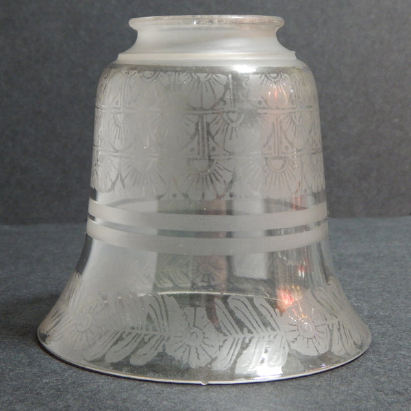 2 1/4 (2.25) Inch Vintage Etched Bell Shaped Glass Light Fixture Shade. This etched glass shade features delicate Deco-era floral and fan patterns, softly frosted bands, and a graceful bell shape that flares at the base. Available at www.vintporium.com