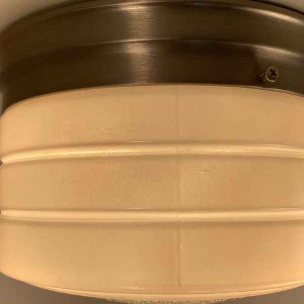 Flush Mount Ceiling Light. Vintage Glass Shade New Pan Fixture. Vintage 1950s flush mount ceiling light with enameled glass shade, horizontal banding, and diamond patterned base, paired with satin nickel canopy. Available at www.vintporium.com