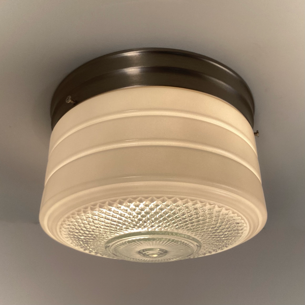 Flush Mount Ceiling Light. Vintage Glass Shade New Pan Fixture. Vintage 1950s flush mount ceiling light with enameled glass shade, horizontal banding, and diamond patterned base, paired with satin nickel canopy. Available at www.vintporium.com