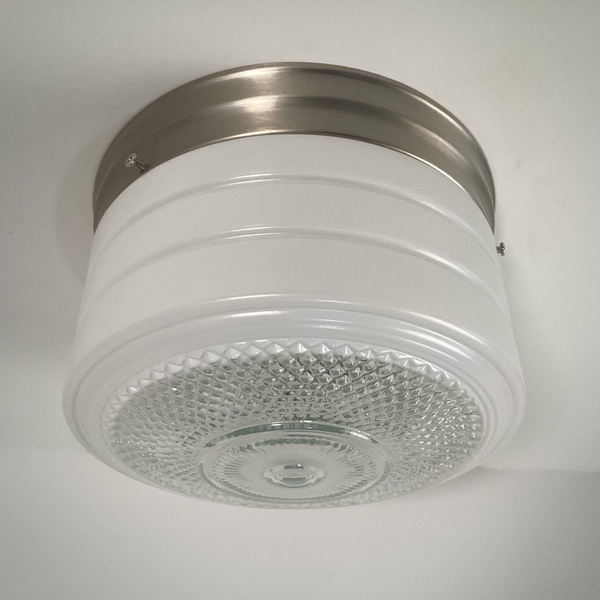 Flush Mount Ceiling Light. Vintage Glass Shade New Pan Fixture. Vintage 1950s flush mount ceiling light with enameled glass shade, horizontal banding, and diamond patterned base, paired with satin nickel canopy. Available at www.vintporium.com