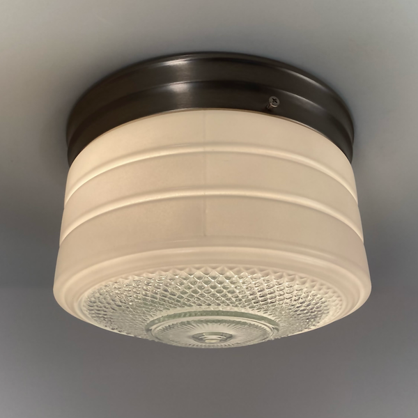 Flush Mount Ceiling Light. Vintage Glass Shade New Pan Fixture. Vintage 1950s flush mount ceiling light with enameled glass shade, horizontal banding, and diamond patterned base, paired with satin nickel canopy. Available at www.vintporium.com