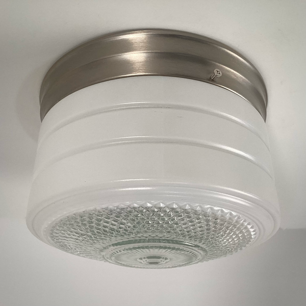 Flush Mount Ceiling Light. Vintage Glass Shade New Pan Fixture. Vintage 1950s flush mount ceiling light with enameled glass shade, horizontal banding, and diamond patterned base, paired with satin nickel canopy. Available at www.vintporium.com