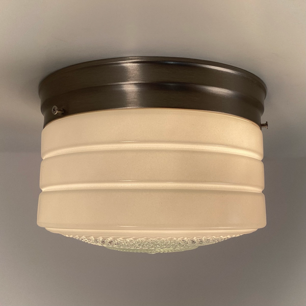 Flush Mount Ceiling Light. Vintage Glass Shade New Pan Fixture. Vintage 1950s flush mount ceiling light with enameled glass shade, horizontal banding, and diamond patterned base, paired with satin nickel canopy. Available at www.vintporium.com