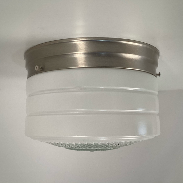 Flush Mount Ceiling Light. Vintage Glass Shade New Pan Fixture. Vintage 1950s flush mount ceiling light with enameled glass shade, horizontal banding, and diamond patterned base, paired with satin nickel canopy. Available at www.vintporium.com
