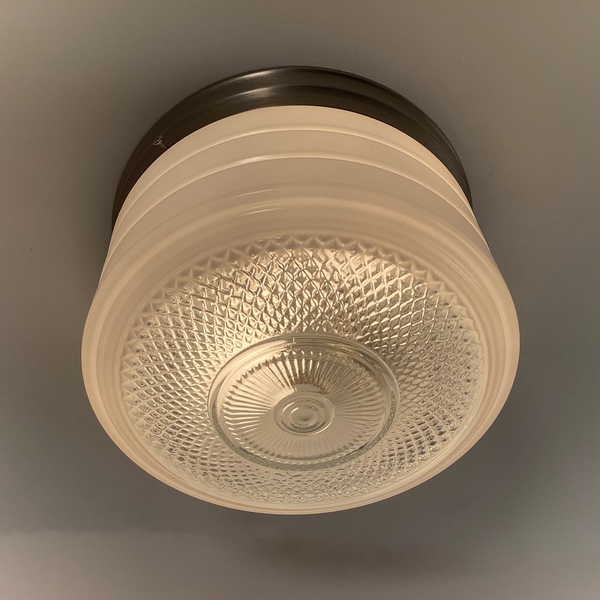 Flush Mount Ceiling Light. Vintage Glass Shade New Pan Fixture. Vintage 1950s flush mount ceiling light with enameled glass shade, horizontal banding, and diamond patterned base, paired with satin nickel canopy. Available at www.vintporium.com