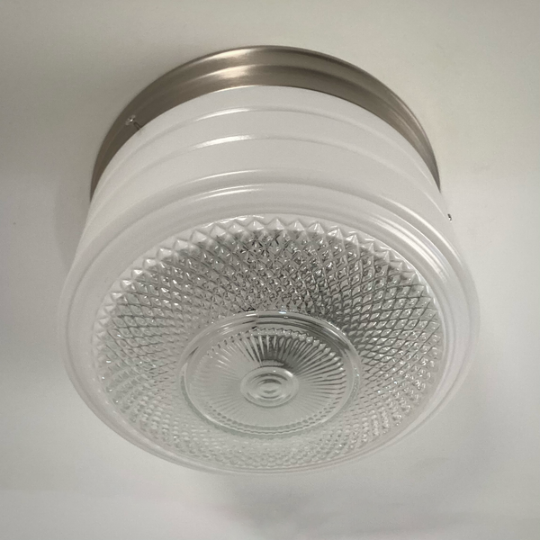 Flush Mount Ceiling Light. Vintage Glass Shade New Pan Fixture. Vintage 1950s flush mount ceiling light with enameled glass shade, horizontal banding, and diamond patterned base, paired with satin nickel canopy. Available at www.vintporium.com