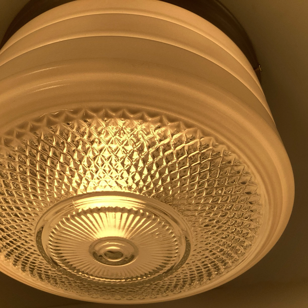 Flush Mount Ceiling Light. Vintage Glass Shade New Pan Fixture. Vintage 1950s flush mount ceiling light with enameled glass shade, horizontal banding, and diamond patterned base, paired with satin nickel canopy. Available at www.vintporium.com