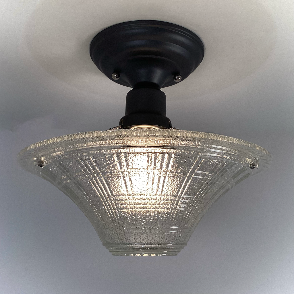 vintage pressed glass ceiling light with authentic shade and new charcoal fixture
