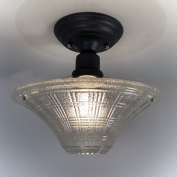 vintage pressed glass ceiling light with authentic shade and new charcoal fixture
