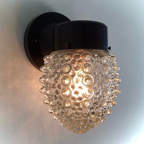 Brutalist Vintage Spiked Glass Sconce with New Fixture Base. Wall-mounted porch sconce with spiked clear glass shade. Available at www.vintporium.com