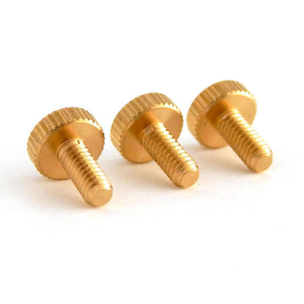 This lot of 3 handsome little thumbscrews is ideal for securing shades to the fixture as well as securing the fixture to its mounting brackets. Available in unfinished brass. Available at www.vintporium.com