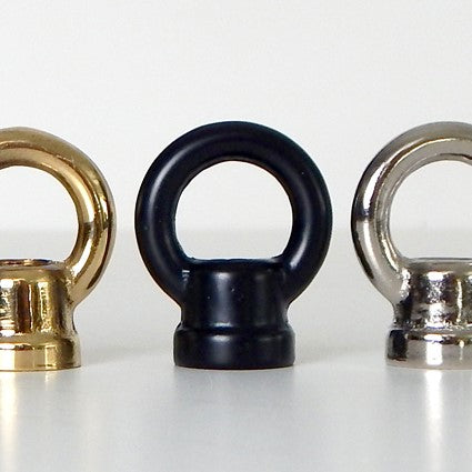 Solid brass female 1-inch lighting loop comes in polished and lacquered brass, unlacquered brass, antique brass, brushed nickel, polished nickel, and black. Sold individually. The loop is threaded for the standard 1/8 IP threaded pipe. Available at www.vintporium.com