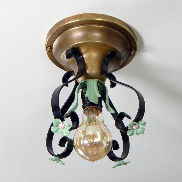 Restored Antique semi-flush ceiling light fixture has been stripped, aged, painted as well as oiled, and waxed to help reduce further aging. It has been cleaned, detailed, and is ready to install for your convenience. Available at www.vintporium.com
